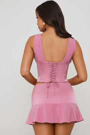 Oh Polly Elana mini jupe mauve satin évasée à godets