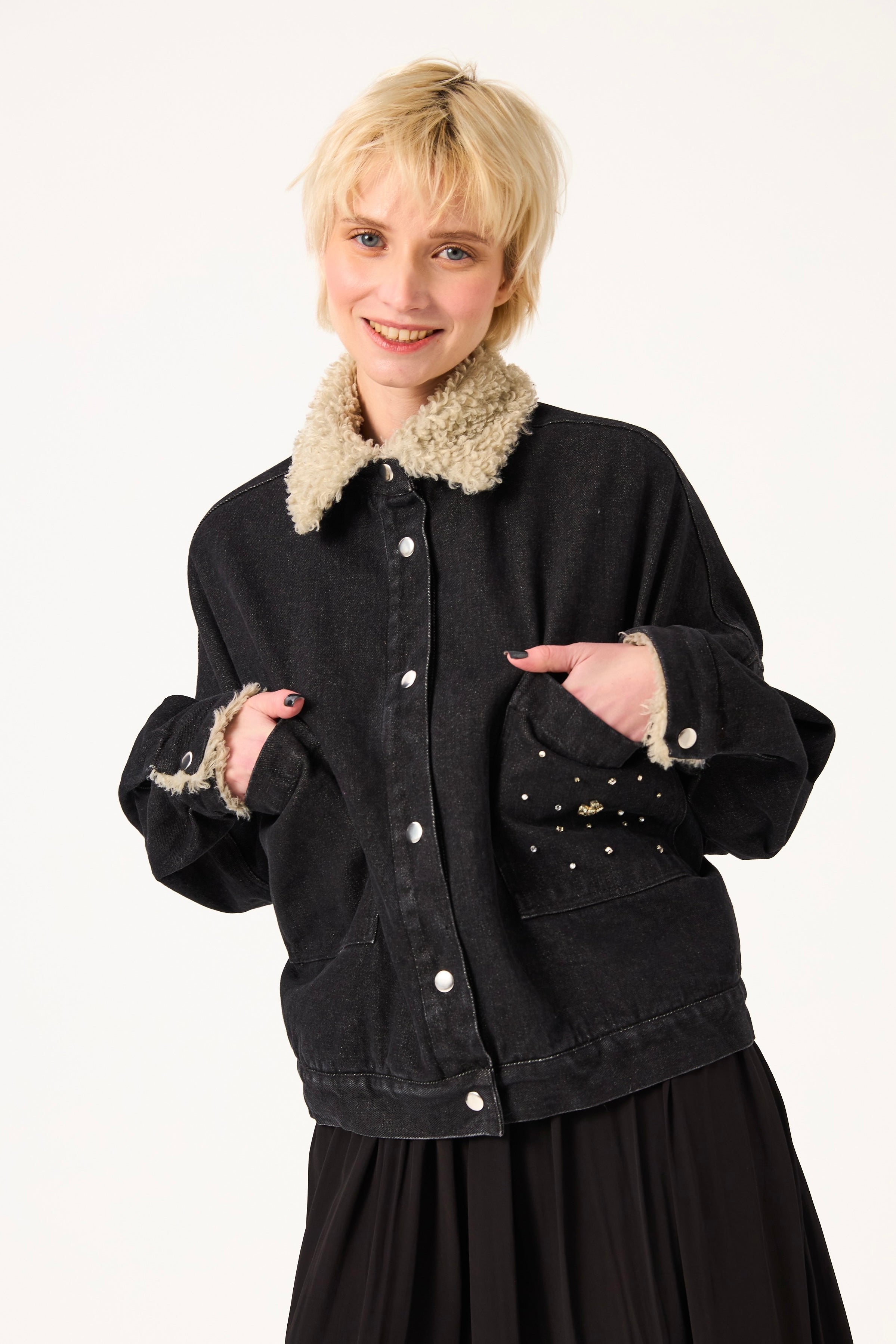 Chicosoleil Yuma veste aviateur noir denim fourrure
