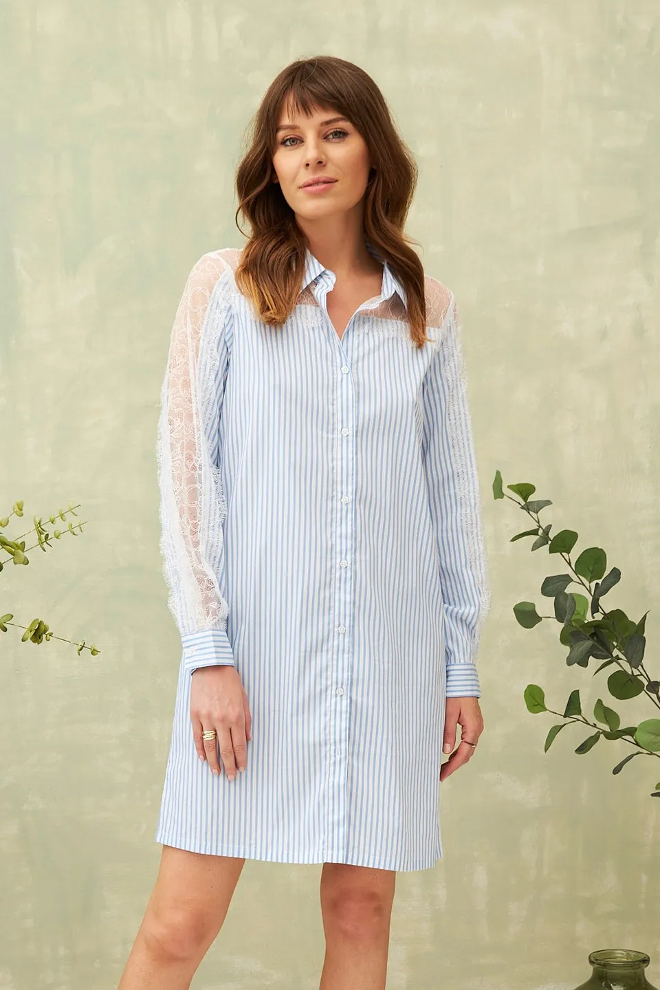 Chicosoleil Cerise robe courte bleu stripe dentelle coton