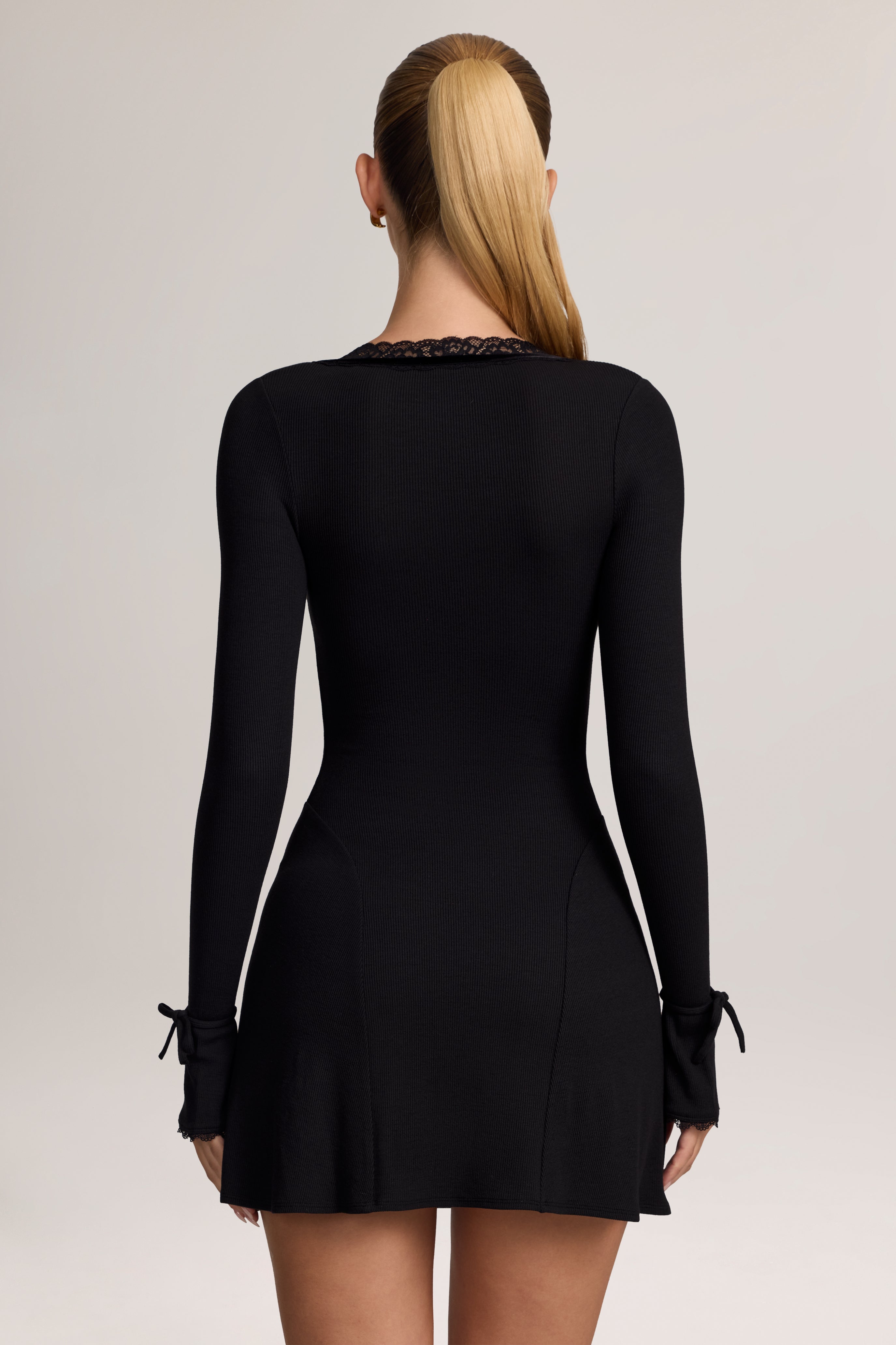 Oh Polly Binkie Mini Robe dentelle Noire modal côtelé
