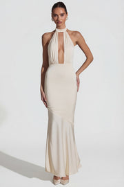 Oh Polly Desiree robe longue ivoire dos nu satin