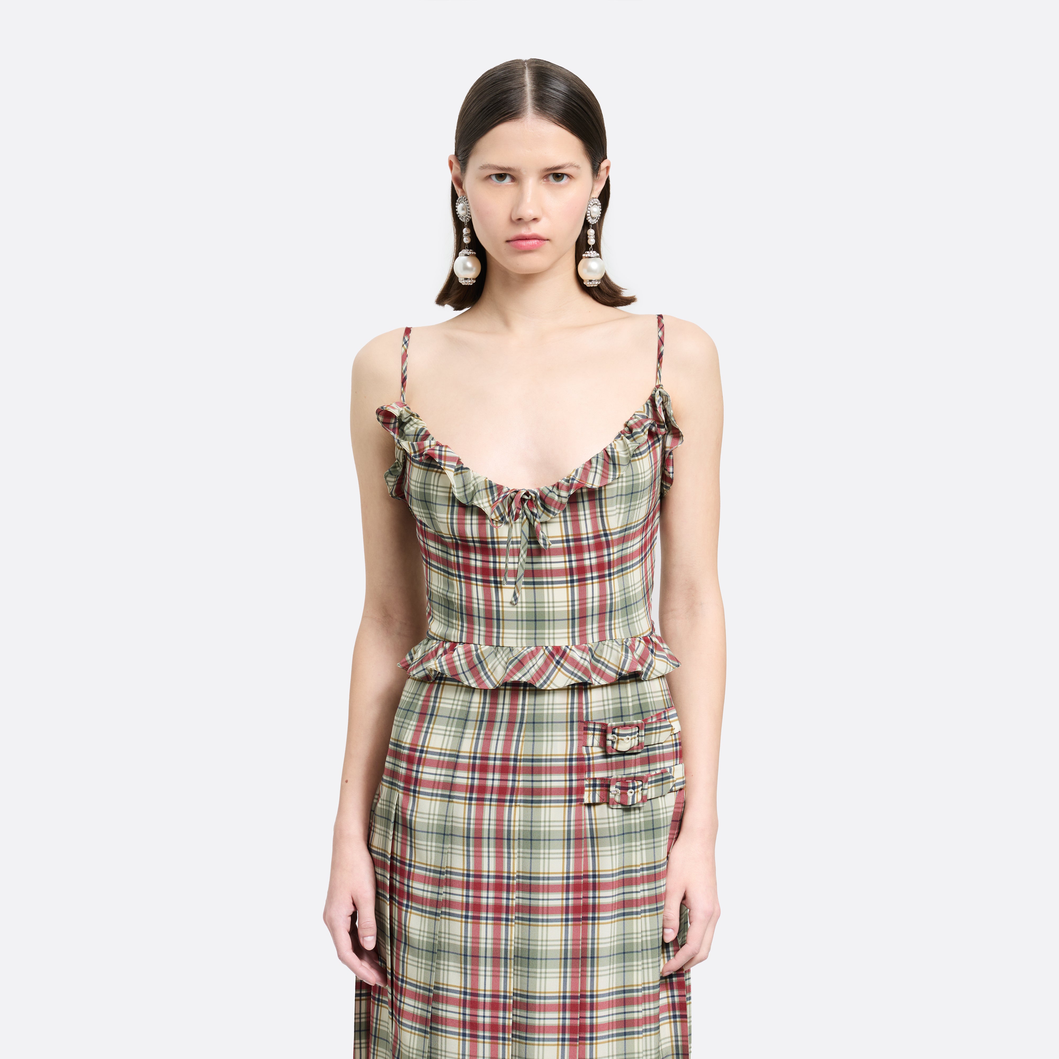 Alessandra Rich robe midi soie tartan vert rouge 36