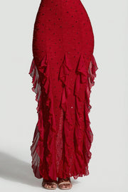 Oh Polly Embellished 8109 Robe Maxi Rouge Perles Col Licou