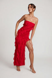Oh Polly Nevali 5634 robe maxi rouge volants