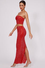 Oh Polly Embellished Jupe Maxi 7835 Rouge Feu Strass
