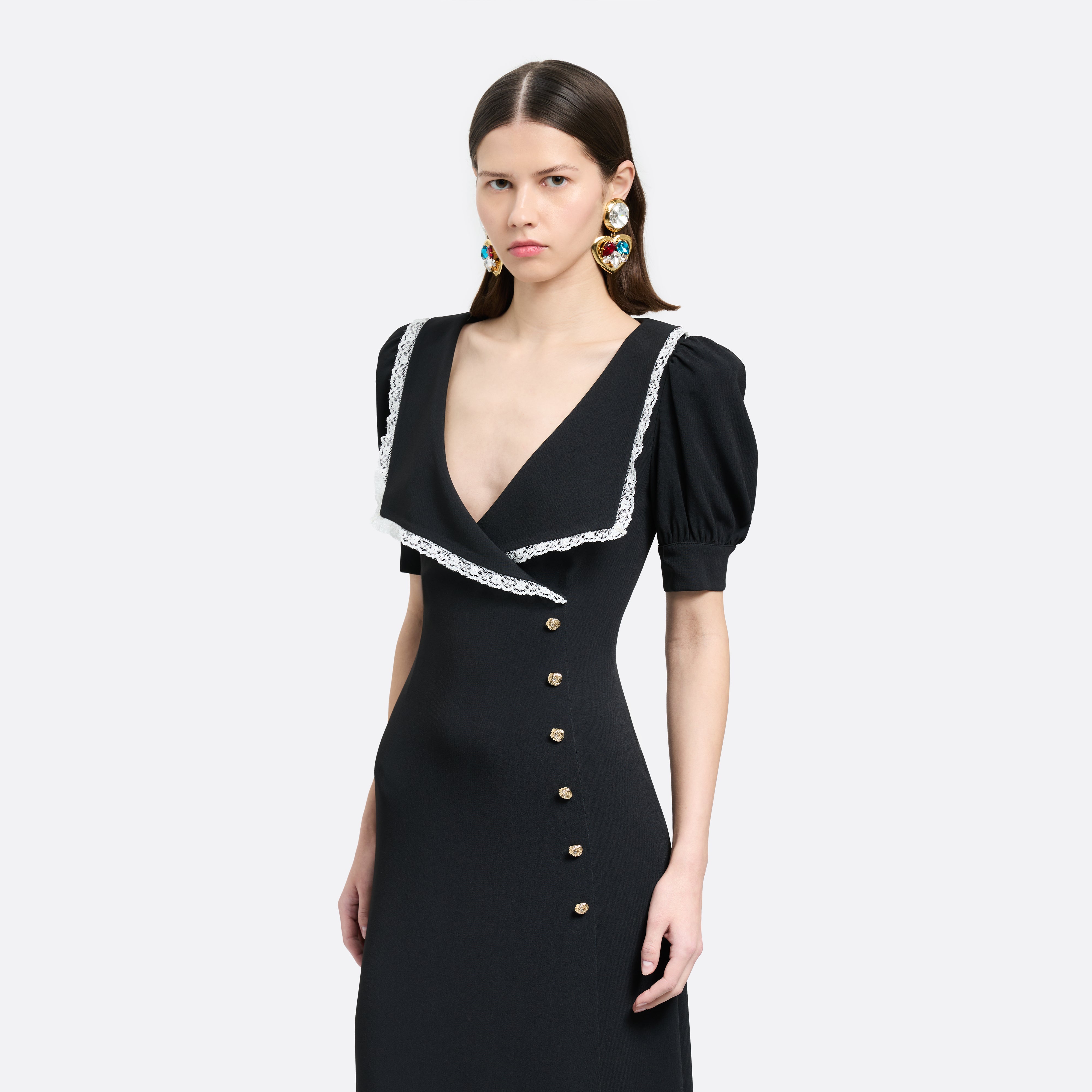Alessandra Rich Cady Midi Dress Lace Trim robe noire 36