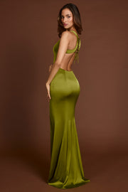 Oh Polly Vittoria robe maxi olive satin dos lacets