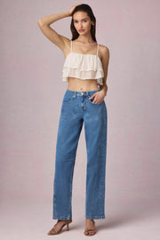 Oh Polly 13841 jean barrel bleu taille mi-haute coton