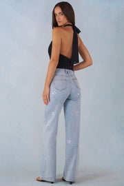Oh Polly Mid-Rise Straight Jean Droit Denim Clair Fleurs