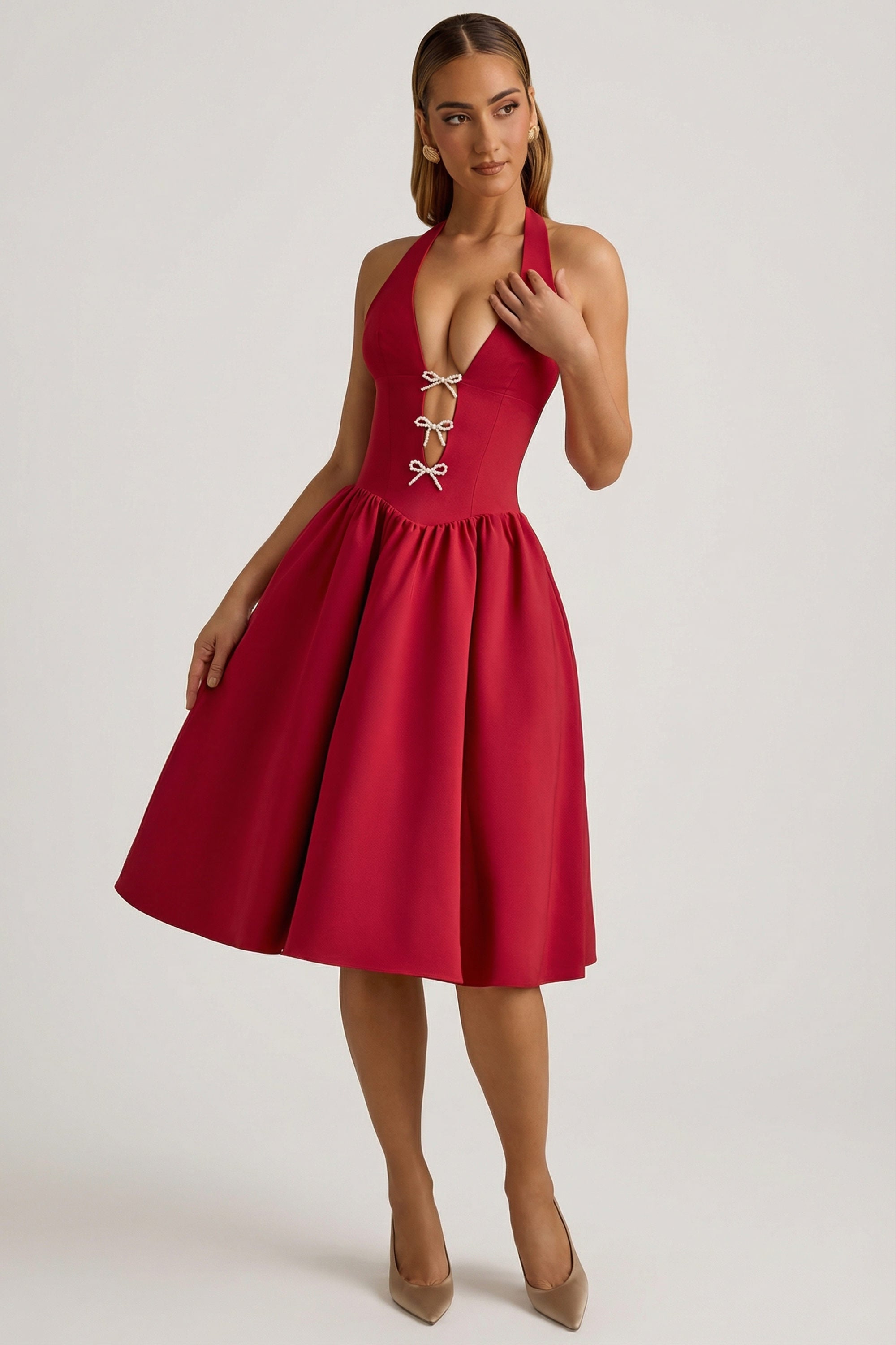 Oh Polly Angelina Robe Midi Licou Rouge True Red Nœuds