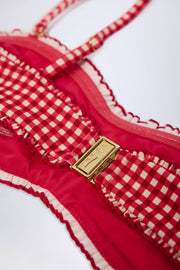 Oh Polly Portbou haut bikini bandeau vichy rouge à volants