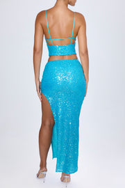 Oh Polly Embellished 10833 jupe longue turquoise sequins