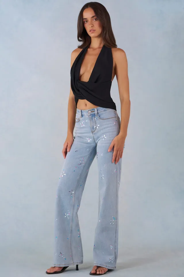 Oh Polly Mid-Rise Straight Jean Droit Denim Clair Fleurs