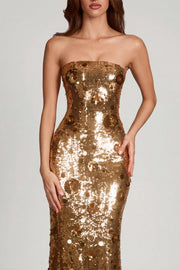 Oh Polly Nottola robe maxi bustier dorée sequins 3D