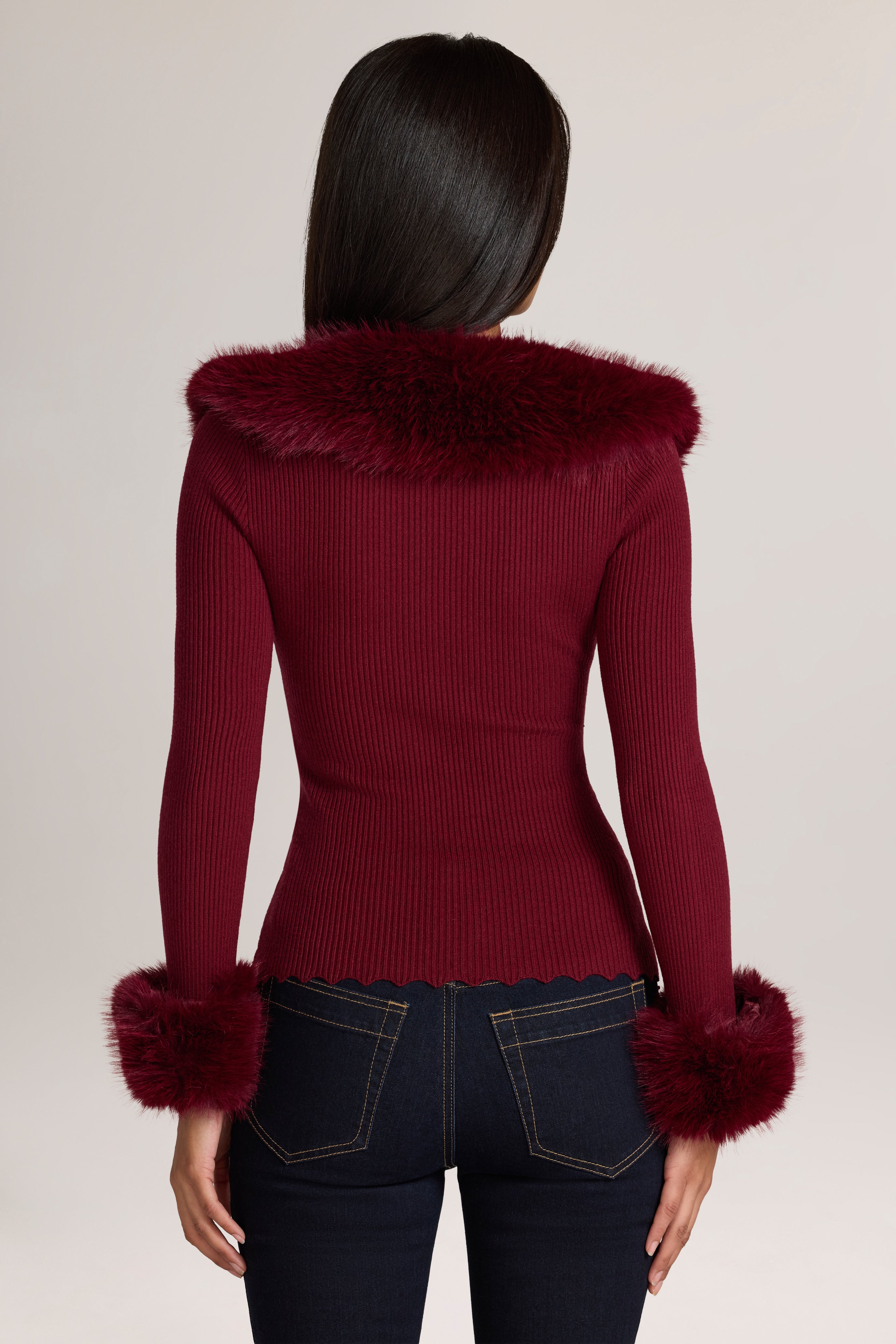 Oh Polly Lissie Cardigan Maille Bordeaux Col Fourrure