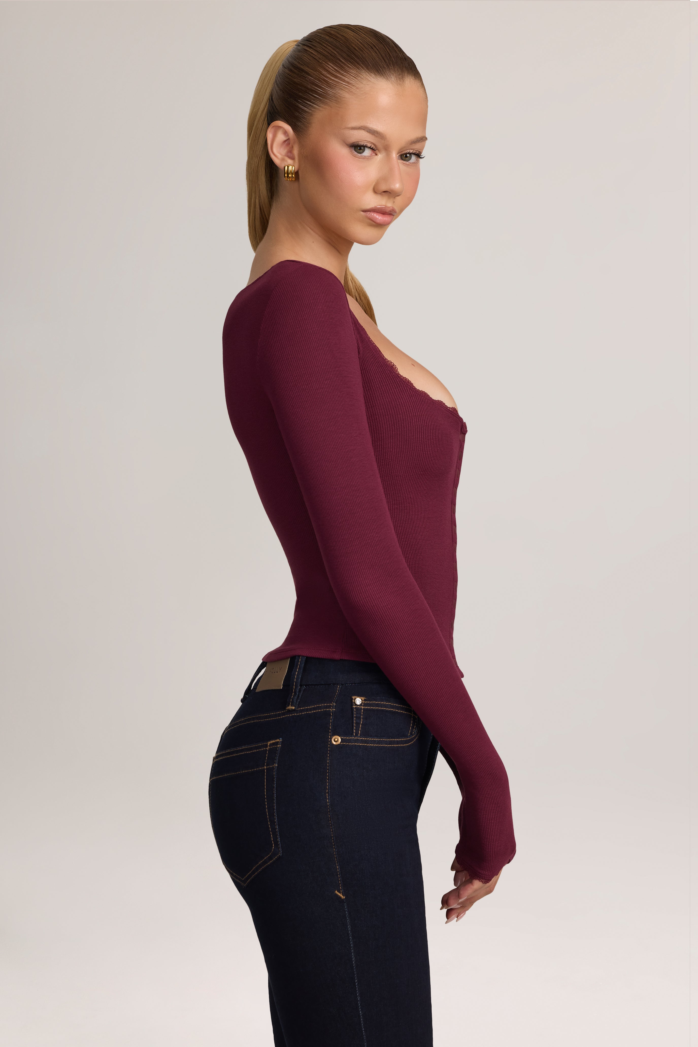 Oh Polly Nalah cardigan modal dentelle maroon red S