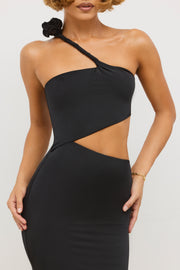 Oh Polly Kalina robe maxi noire jersey asymétrique fente