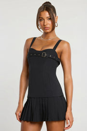 Oh Polly 7568 robe mini noire twill taille basse plissée