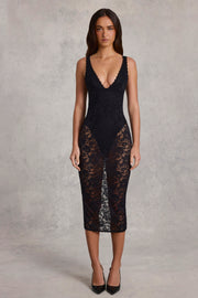 Oh Polly Caia Robe Midaxi Noire Dentelle Décolleté Plongeant