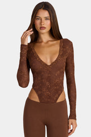 Oh Polly Shania body dentelle marron manches longues