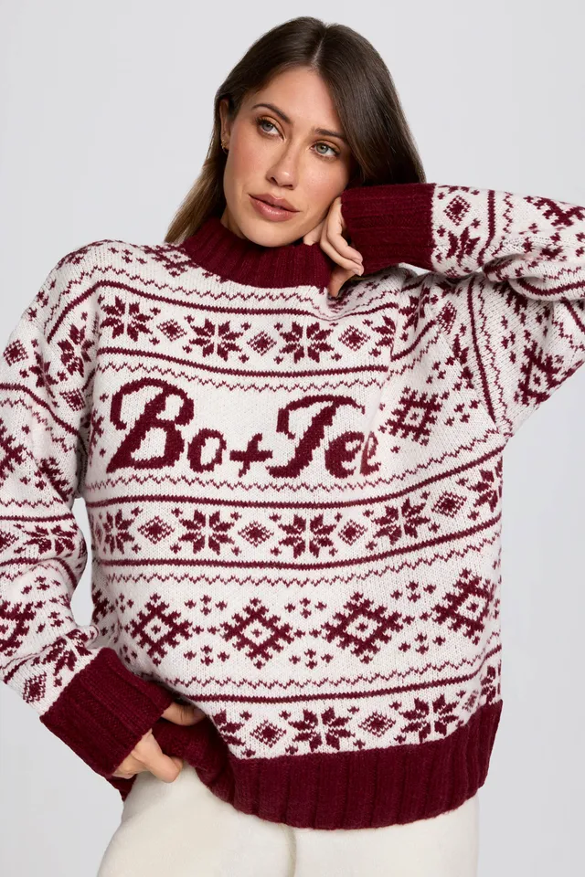 Oh Polly Knitwear Pull Oversize BT2409 Rouge Jacquard Laine
