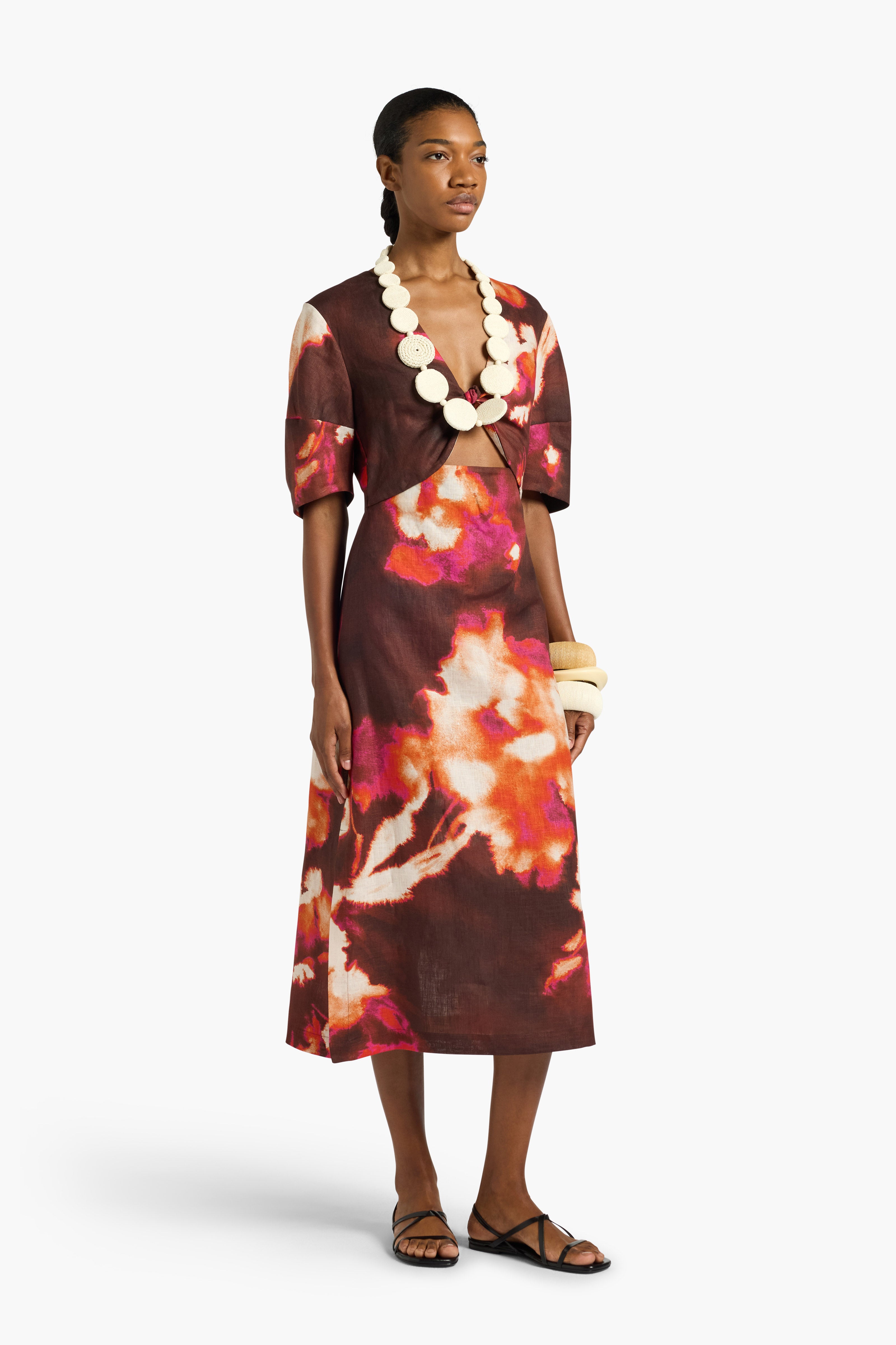 Liviana Conti Camille robe midi lin imprimé fleur bordeaux