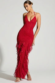 Oh Polly Embellished 8109 Robe Maxi Rouge Perles Col Licou