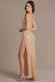 Oh Polly Embellished robe maxi asymétrique sable sequins