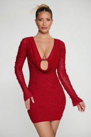 Oh Polly Nice robe mini strass rouge manches longues