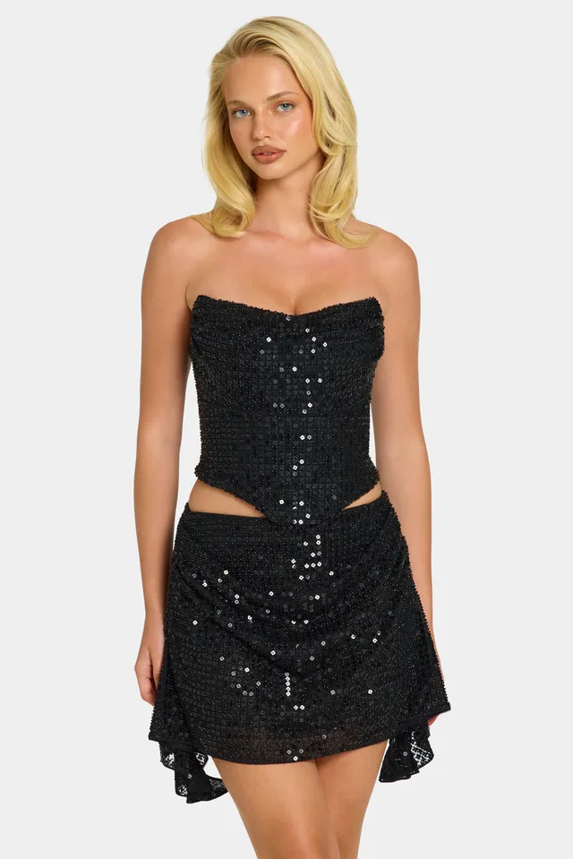 Oh Polly Embellished top corset drapé noir sequins