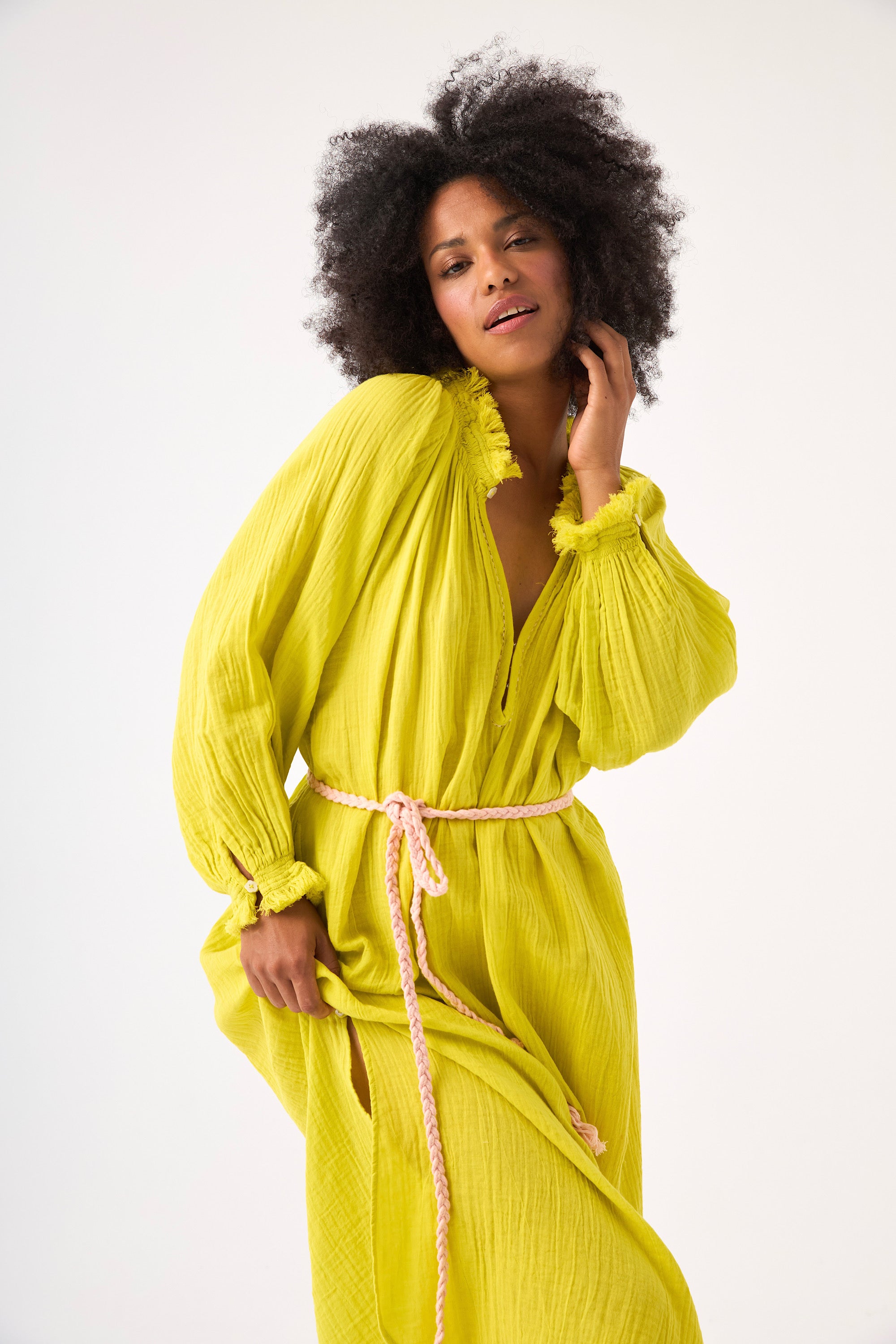 CHICOSOLEIL Marigold robe longue jaune gaze de coton poches