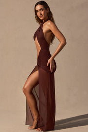 Oh Polly Caicos NS0923 robe maxi halter marron dos nu fente