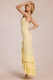 Oh Polly Dresses Celira 16130 robe maxi jaune dentelle fente volants