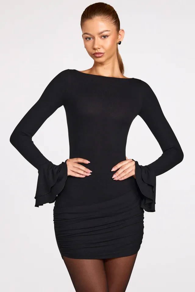 Oh Polly Helena robe mini noire modal côtelée drapée