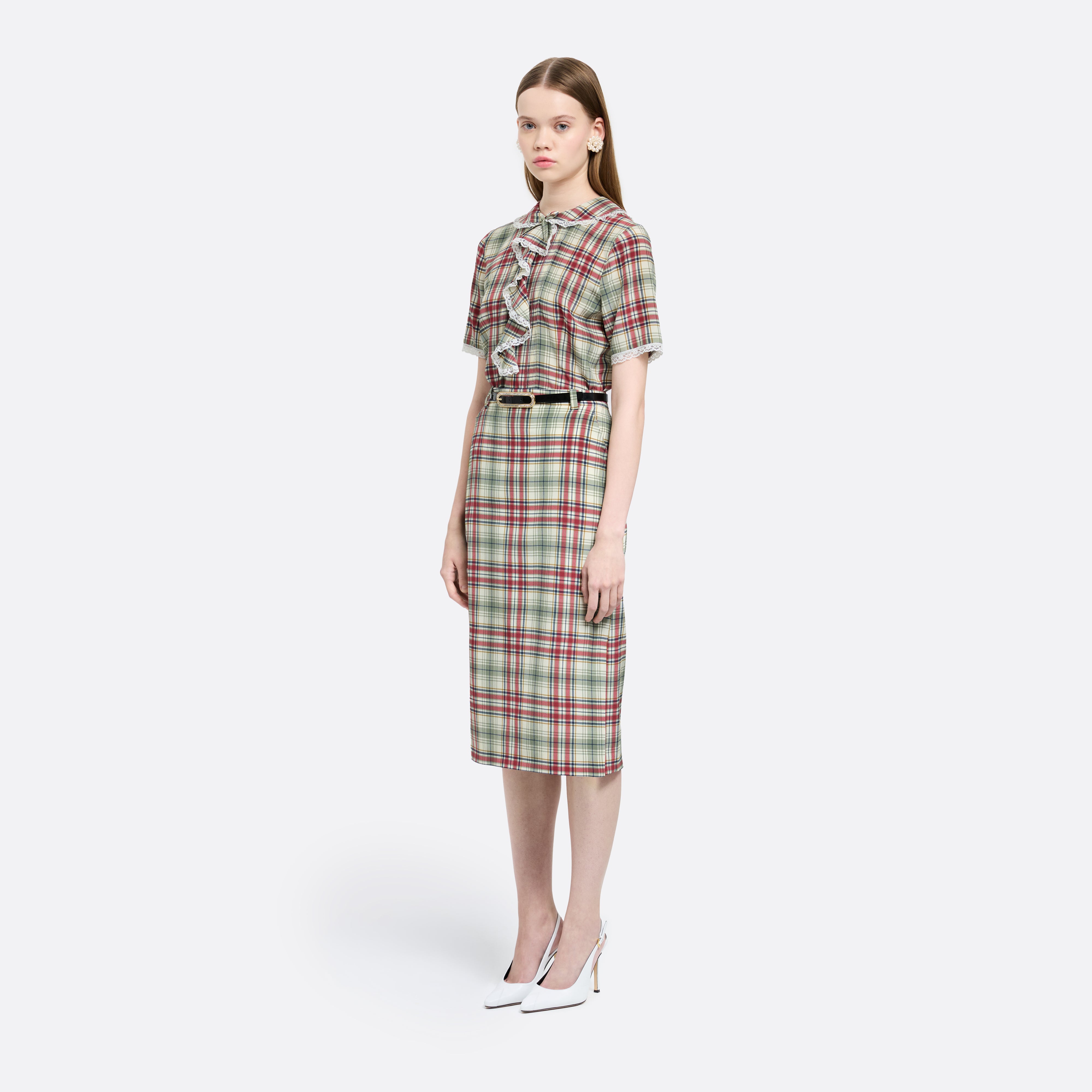 Alessandra Rich Tartan Silk Short Sleeve Blouse chemisier soie 40