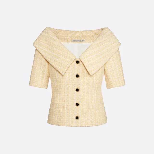 Alessandra Rich veste tweed sequins jaune épaules dénudées 38