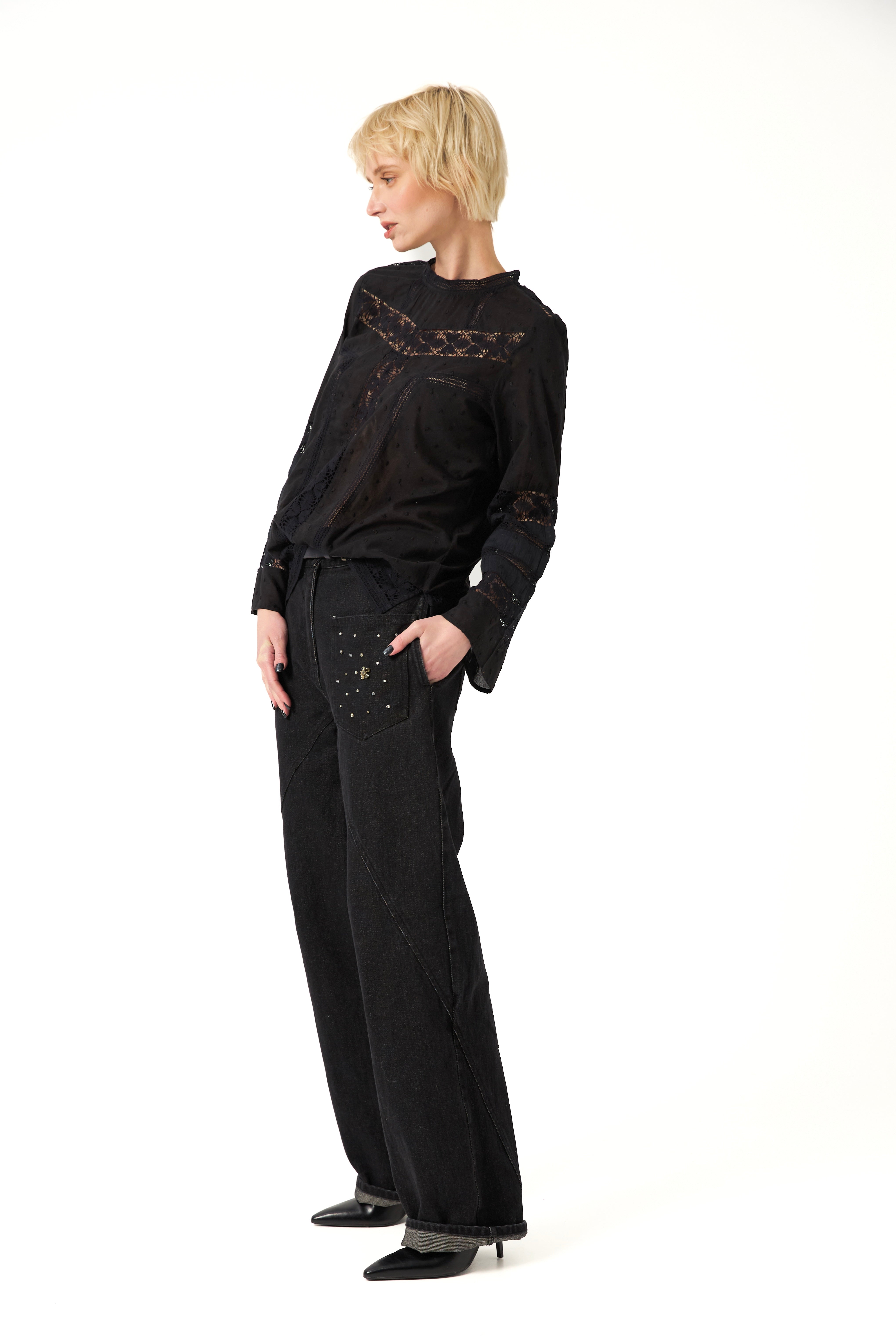 Chicosoleil Haru blouse coton noire dentelle manches 3/4