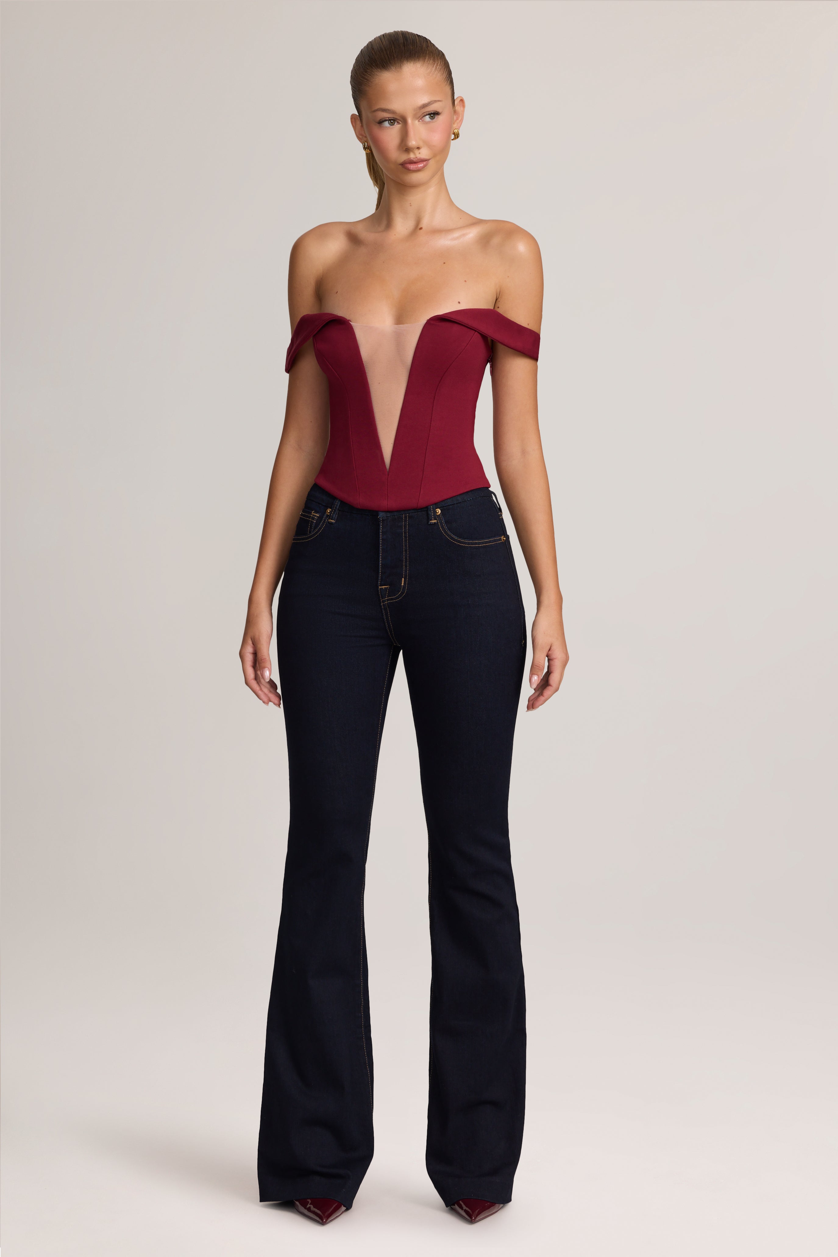 Oh Polly Jenn top corset bardot Wine ponte stretch