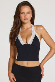 Oh Polly Opal Crop Top Noir Dentelle Col Licou Dos Nu