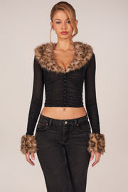 Oh Polly Lola Cardigan Mesh Noir Fourrure Léopard
