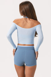 Oh Polly Soft Top Épaules Dénudées Bleu Poudre Jersey