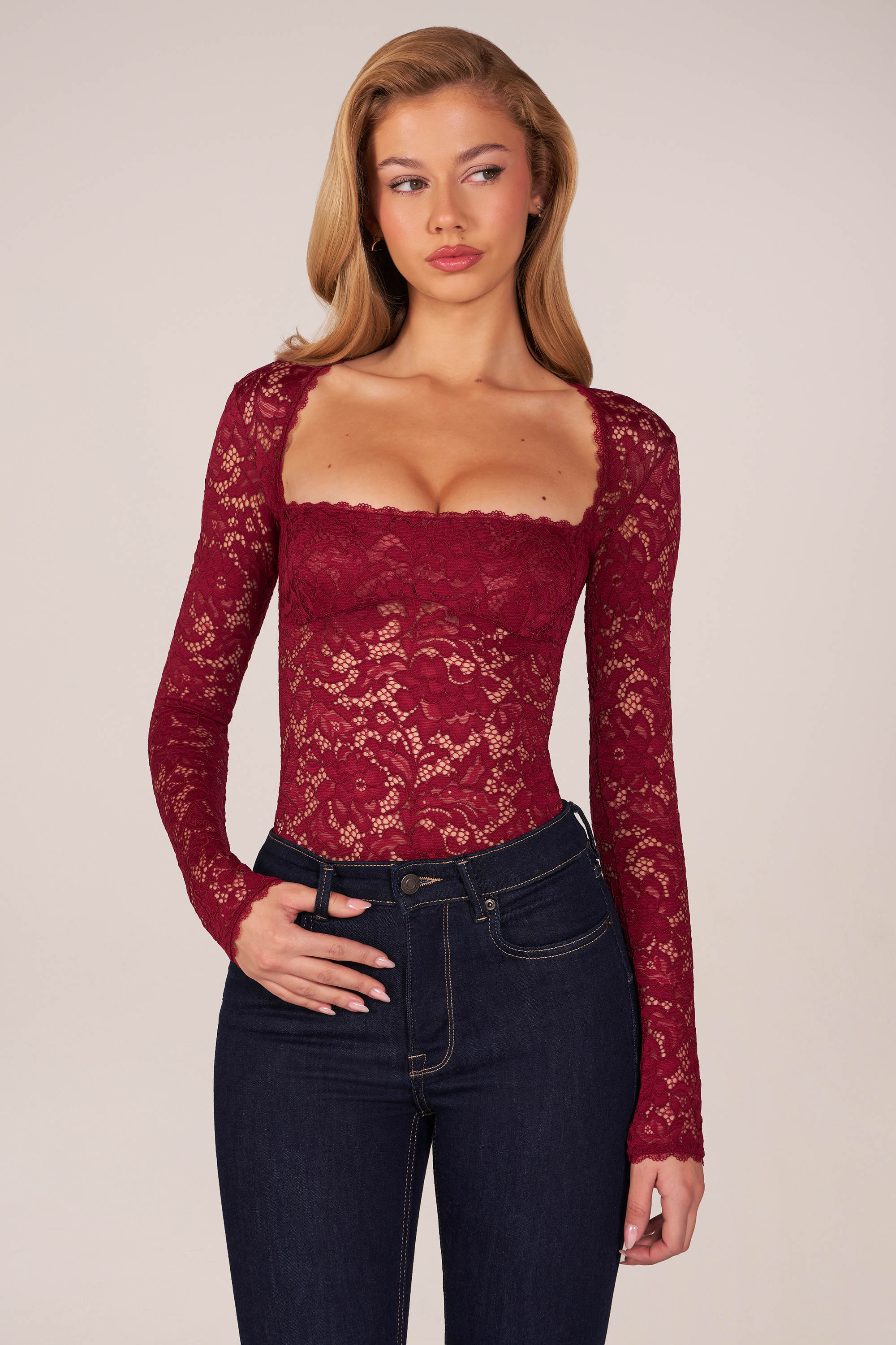 Oh Polly Bodysuits Body Letizia Bordeaux Dentelle Col Carré