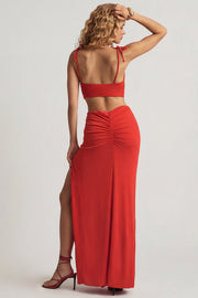Oh Polly Imara robe maxi rouge piment asymétrique fente
