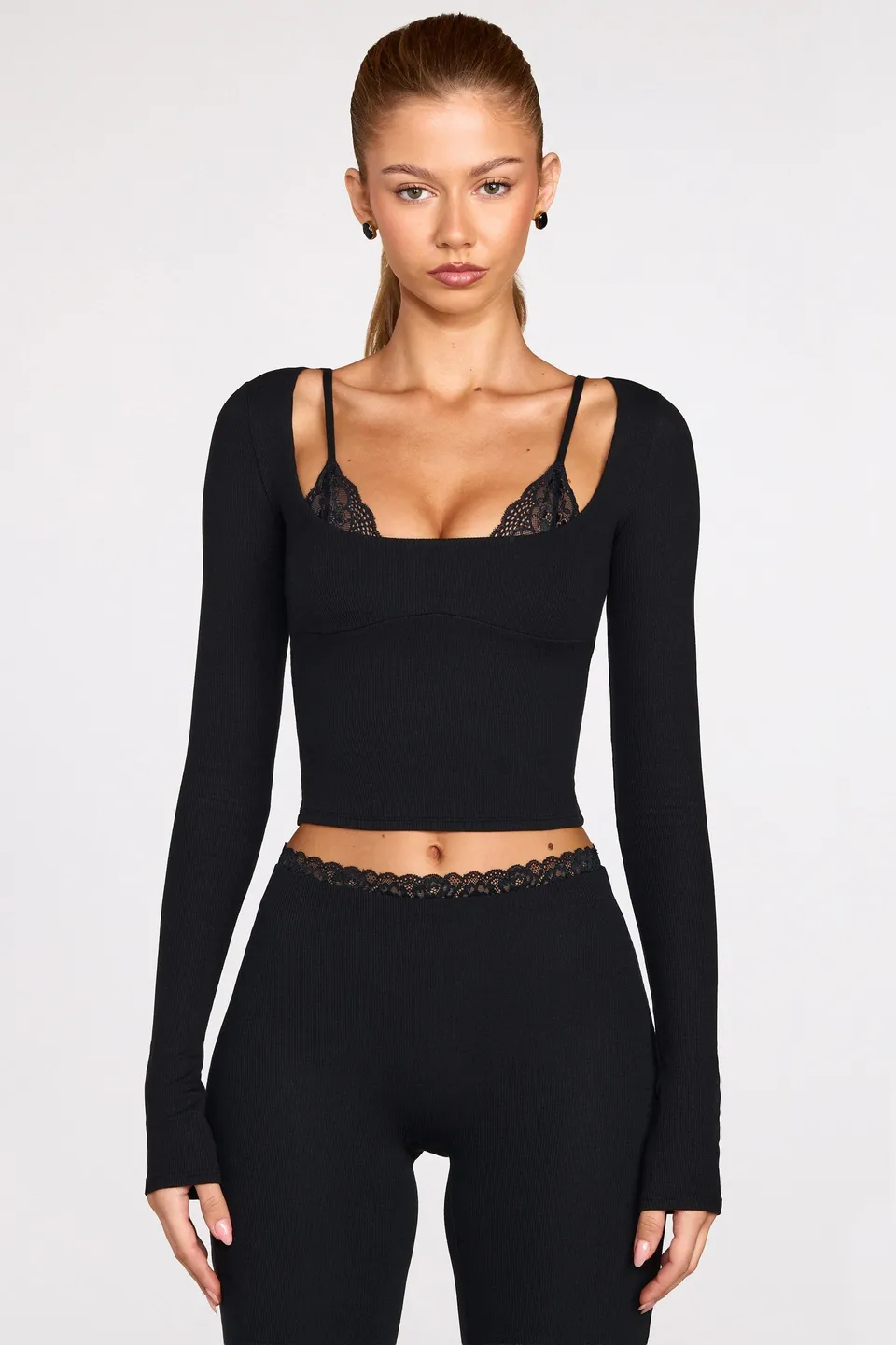 Oh Polly Base Layers Margaux 15823 top manches longues noir dentelle