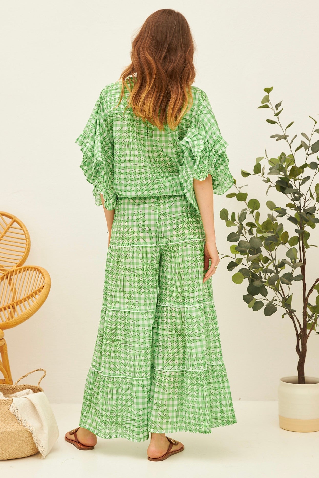Chicosoleil Barclay pantalon ample vichy vert coton