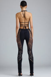 Oh Polly Stevie Pantalon Évasé Noir Strass Taille Mi-Haute