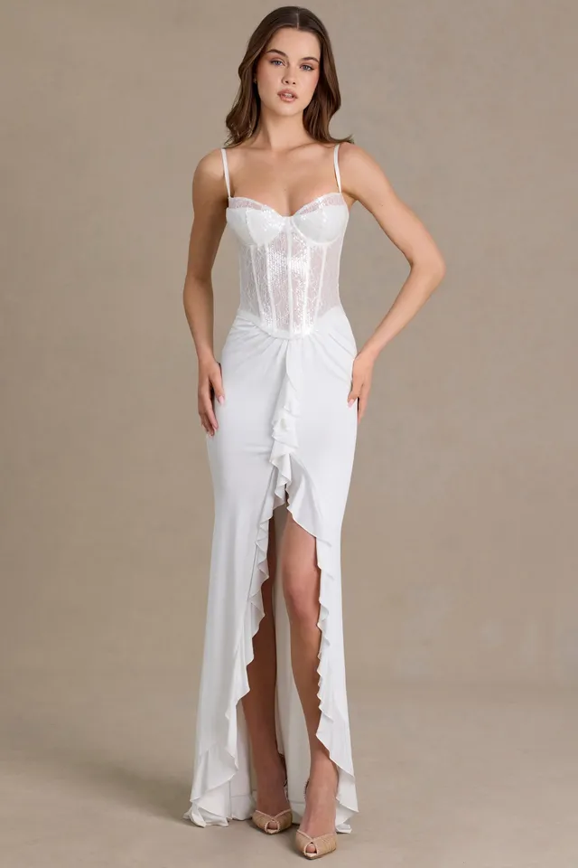 Oh Polly Robe Corset Dentelle Snow Sequin Fendue Volants