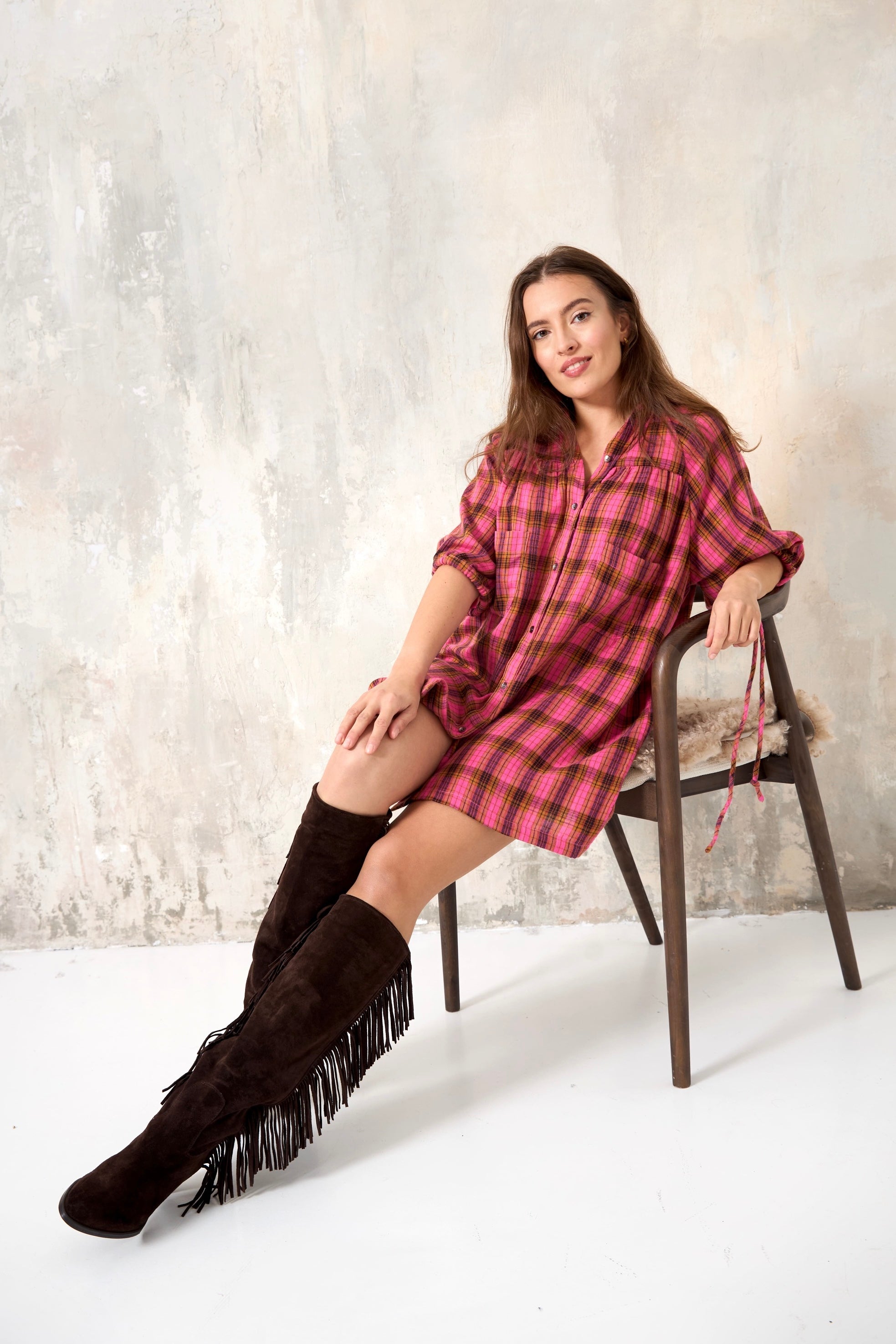 Chicosoleil Robes Mitzu robe courte pink check coton chemise