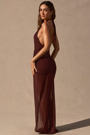 Oh Polly Caicos NS0923 robe maxi halter marron dos nu fente