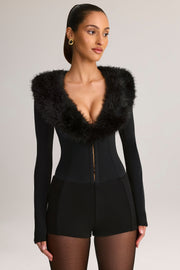 Oh Polly Nesta Combishort Noir Col Fourrure Plongeant